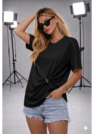Ribana Kadın Bisiklet Yaka Kısa Kollu Gold Yan Toka Detaylı T-shirt 5035 Siyah