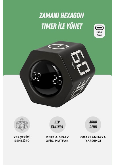GWORKE Gt-2 Hexagon Zamanlayıcı, Flip Timer, Öğrenci Ders Çalışma Saati, Sınav Kronometresi, Mutfak - Siyah