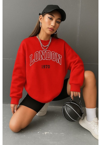 Benroma 3 İplik Penye London Baskılı Unisex Sweatshırt Kırmızı