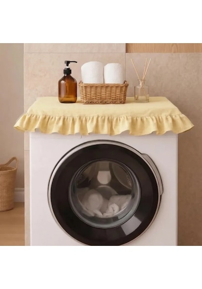Fırfırlı Çamaşır Makinesi Örtüsü - Çeyizlik Dekoratif Banyo Makine Kılıfı- Sarı