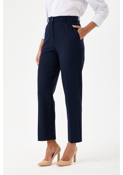 Velnara Moda Lacivert Dar Paça Cepli Yüksek Bel Dokuma Kumaş Kadın Pantolon Lacivert - 918311251 Lacivert