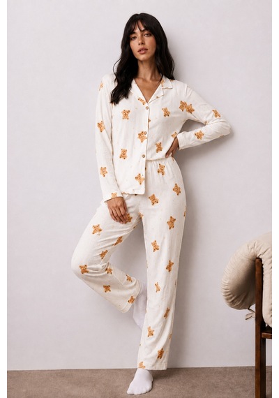 Fit Women Kadın Uzun Kollu Düğmeli Alt Üst Uyku Beyaz Pijama Takımı