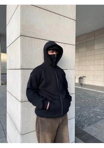 Zenna Tarz Samuray Ninja Çift Kapşonlu Zıp Fermuarlı Kanguru Çepli Tam Fermuarlı Hoodie Swetshirt - Siyah