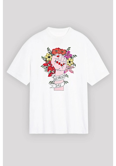 Wear Vexel 8 Mart Dünya Kadınlar Günü Baskılı Oversize Bisiklet Yaka T-shirt - Beyaz Beyaz