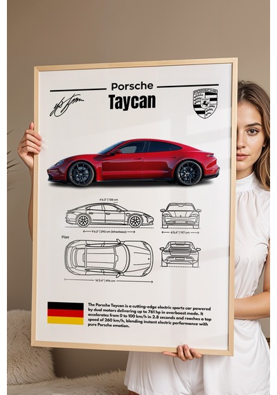 Porsche Taycan Tablo - Teknik Özellikli Elektrikli Spor Araba Poster - Çerçeveli Duvar Dekoru Kayın
