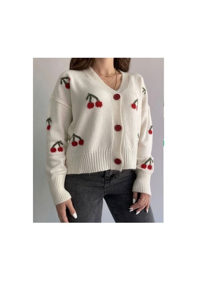Flex Fashıon Kadın Trend Popüler Kiraz Detaylı Ekru Triko Hırka Ekru - 731502301 Ekru - 731502301 Ekru