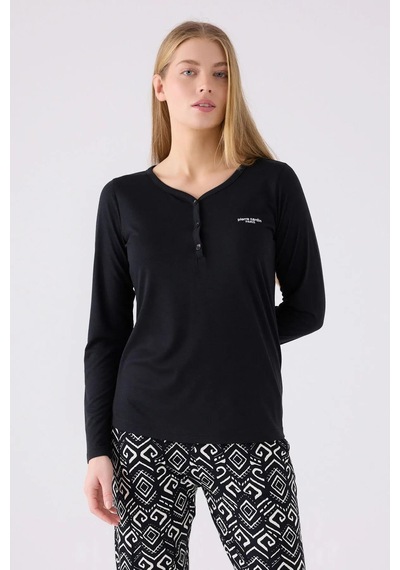 Pierre Cardin 8871 Süprem Uzun Kollu Kadın Pijama Takımı Siyah Çok Renkli