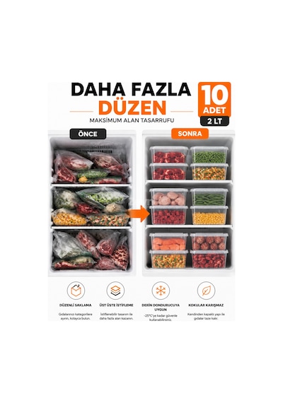 10'lu Kendinden Kapaklı 2 Litre Saklama Kabı Bpa Free Derin Dondurucu Ve Buzdolabı Düzenleyici Şeffaf