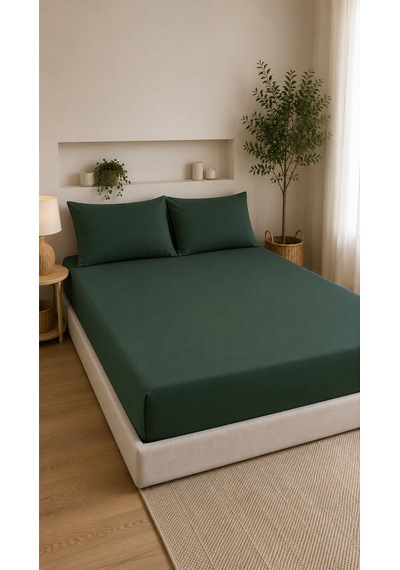 Çift Kişilik Lastikli Çarşaf Takımı 2 Adet Yastık Kılıflı 50x70 160x200+30 %100 Pamuk Koyu Yeşil