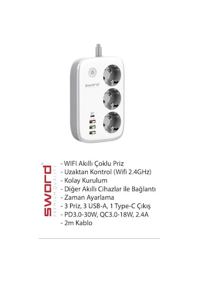 Sword SW-3PU1C 30W Type-C Akım Korumalı 3'lü Wi-Fi Akıllı Priz 2 M