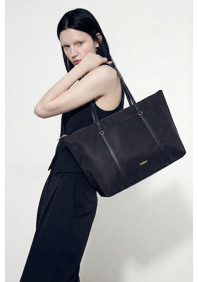 Wuclo Velie Paraşüt Kumaş Şeritli Shopper Çanta Siyah