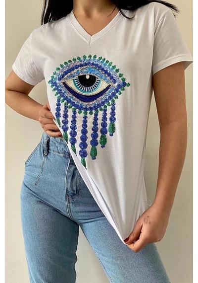 Cassime Kadın Beyaz V Yaka Göz Pul Payet Işlemeli %100 Pamuk Tişört S-m-l-xl-2xl-3xl