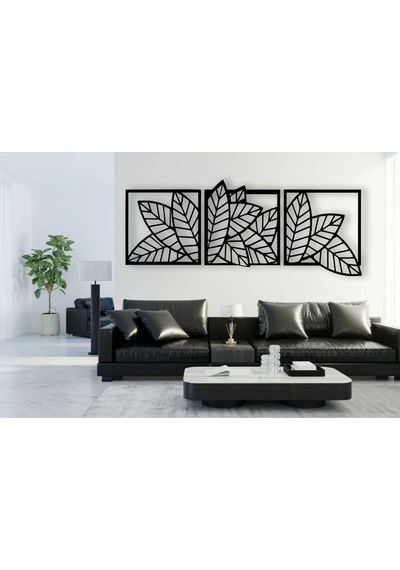 Yaprak Model 3 Lü Dekor Ahşap Duvar Süs Tablo Siyah Renk 147x52 Cm