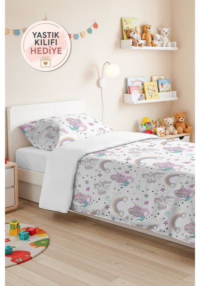 Evimde Bambaşka Unicorn Gökkuşağı Pudra Pembe Kız Çocuk Pike Takımı-deniz Kızı Mint Bebek Yatak Örtüsü - 160x220  CM