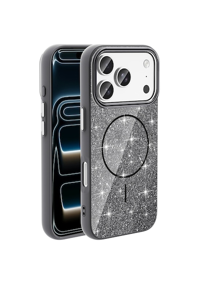 Apple Uyumlu iPhone 17 Pro Kılıf Kablosuz Şarj Özellikli Parlayan Simli Okso Kapak Siyah
