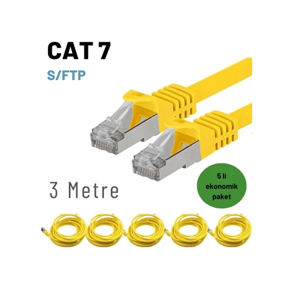 5 Adet 3 Metre Sarı Cat7 Kablo S/ftp Ethernet Network Lan Ağ Kablosu