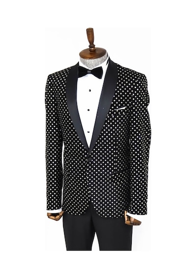 Wessi Nokta Desenli Slim Fit Siyah Erkek Smokin Ceket Siyah