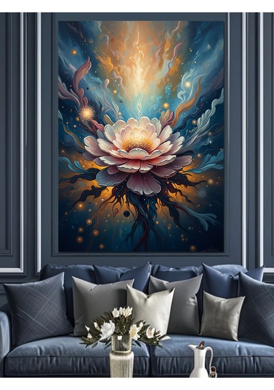 Ahşap Tablo Kozmik Boşlukta Parlayan Lotus Çiçeği