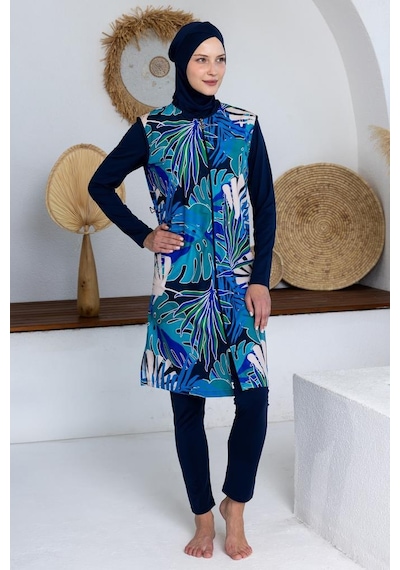 Maresiva 262302 Tewny Jileli Lycra Uzun Kollu Tam Boy Tesettür Mayo Lacivert