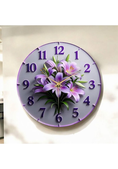 AA Shop Çiçek Kabartma Görünümlü Mor Renkli Baskı Desenli Sayılı Hediyelik Ahşap Sessiz Duvar Saati 50cm ÇOk Renkli