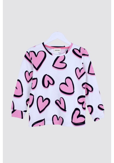 Zuzunga Kalp Desenli Fitilli İnterlok Kumaş %100 Pamuk Kız Çocuk Pijama Takımı Beyaz Zuzunga Kalp Desenli Fitilli İnterlok Kumaş %100 Pamuk Kız Çocuk Pijama Takımı Beyaz