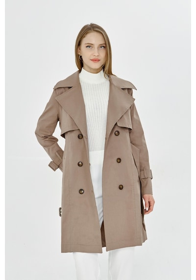 Pastelastore Esnek Pamuk Gabardin Midi 95cm Astarsız Kadın Trençkot 1118 Vizon
