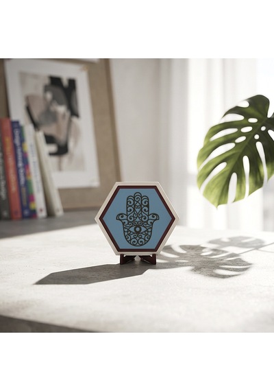 Minimalist Hamsa Tasarımlı Masaüstü Aksesuarı, Çalışma Masalarınıza Zarif Bir Dokunuş Katan Özgün Bir Parça 10x10 Cm, Gök Mavi