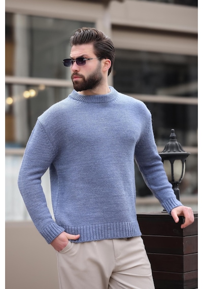 Madmext İndigo Bisiklet Yaka Overfit Erkek Triko Kazak E7402 İndigo
