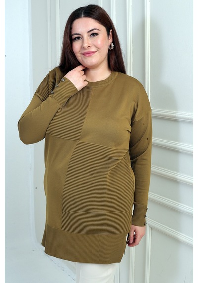 By Saygı Kadın Kolları Düğme Detaylı Büyük Beden Tunik Bluz Hardal