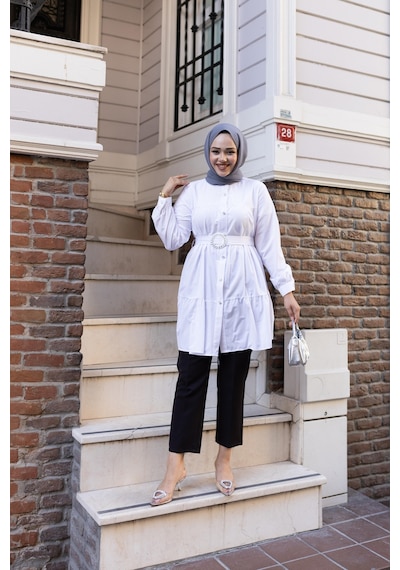 Hb Harma Time Butik Kadın Düğmeli Kemer Detaylı Beyaz Gömlek