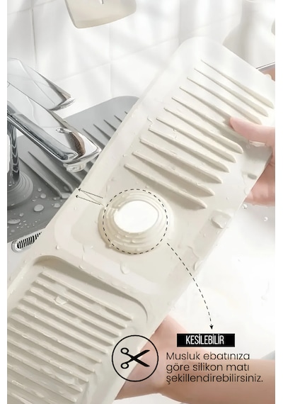 Elastik Musluk Matı Su Tutucu Düzenleyici Kaydırmaz Taban Organizer Mutfak Banyo Lavabo Beyaz