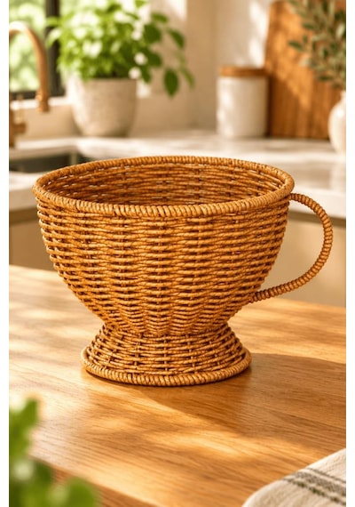 Atbyhome Büyük Boy Doğal Hasır Rattan Kupa Sepet 20x16 Cm - Kulplu Ayaklı Masa Üstü Ekmeklik Ve Meyvelik Kahverengi