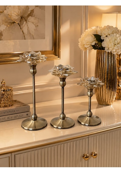 Chacha Home 3'lü Metal Ayaklı Lotus Kristal Cam Şamdan Mumluk Seti 29 Cm - 24 Cm - 19 Cm - Dekoratif Nilüfer Çiçeği Mum Standı Eskitme