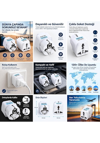 Kuzey's Store Universal Priz Dönüştürücü, Amerikan Priz Ve İngiliz Priz Türk Çevirici Adaptör, Us/uk To Eu Türk Fiş Adaptörü Seyahat Tipi Çevirici, Beyaz Çok Renkli