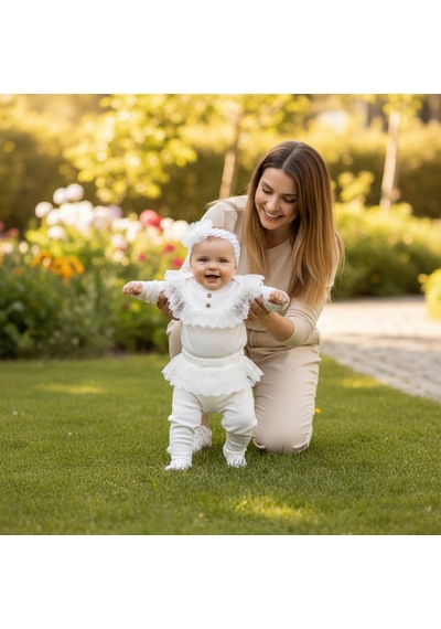 Ürünya Yenidoğan Kız Bebek Uzun Kollu Aksesuarlı Tül Detaylı 3'lü Set Beyaz