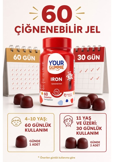 Y'our Gummie Iron Lipofer Demir Takviyesi Çilek Aromalı 60 Çiğnenebilir Jel