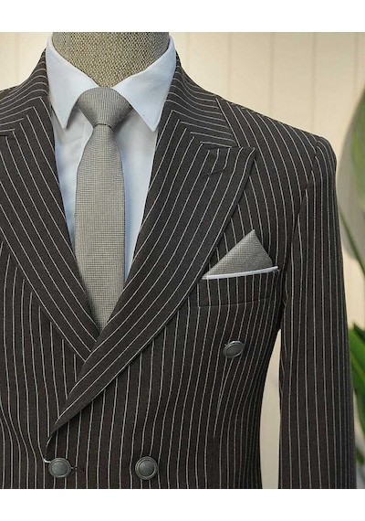 Bys Beystil Sivri Yaka Kahverengi Çizgili Kruvaze Takım Elbise Bezayak - Slim Fit