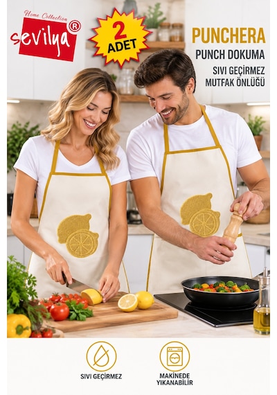 Punchera 2li Paket Punch Nakışlı Sıvı Su Geçirmez Mutfak Önlüğü Limon
