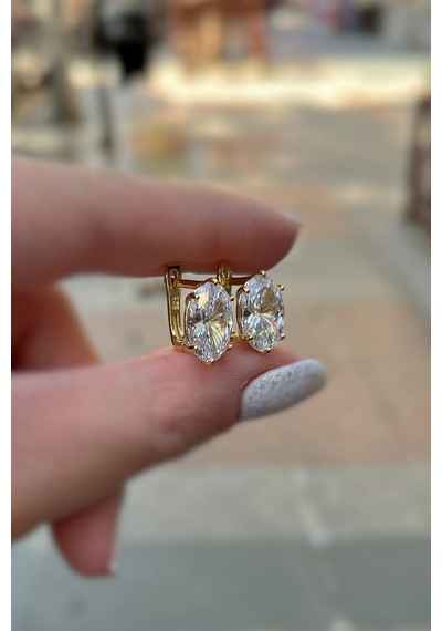 Gümüş Oval 12x8 Mm Taşlı 4,5 Carat Altın Kaplama Tektaş J Küpe Sarı
