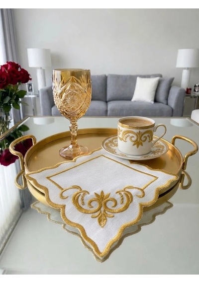 Nakışlı Kahve Yanı Sunumluk Kokteyl Peçetesi Bardak Altlığı Gold Barok Desen Beyaz 14x14 Cm