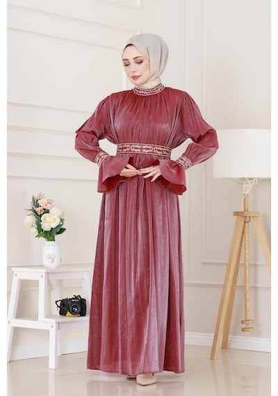 Kolu Volanlı Nakış Detaylı Abiye-bordo-4959