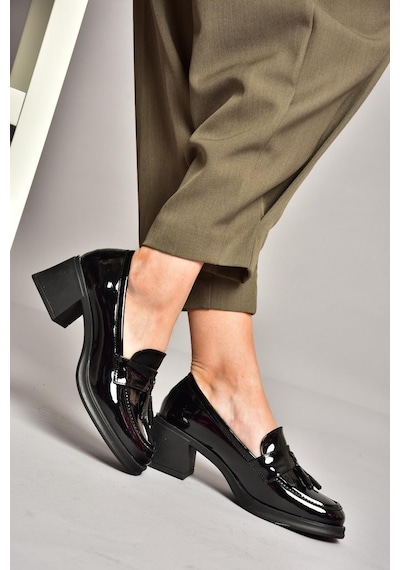 Fox Shoes T820145408 Siyah Rugan Kalın Topuklu Kadın Ayakkabı Siyah-rugan Siyah