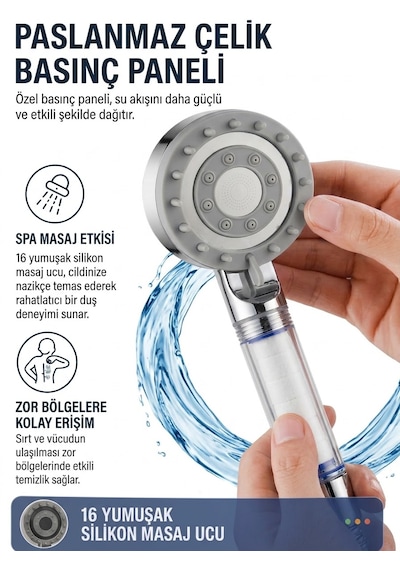 Yüksek Basınçlı Arıtmalı Masajlı 5 Fonksiyonlu Duş Başlığı 5 Adet Yedek Filtre Kireç Önleyici Tazyikli Su Tasarruflu Masajlı Banyo Başlık Seti Beyaz - Krom