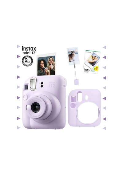 Fujifilm Instax Mini 12 Fotoğraf Makinesi + 20'li Film + Kıskaçlı Standı + Silikon Kılıf Lila