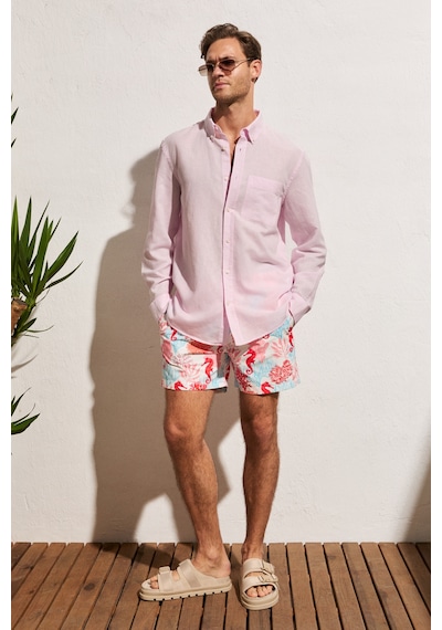 Grımelange Arles Erkek Keten Karışımlı Uzun Kollu Tek Cepli Regular Fit Pembe Gömlek