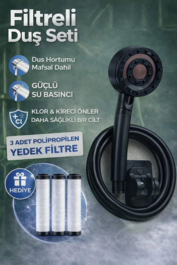 Filtreli Duş Başlığı 3 Yedek Filtre Hortum Mafsal Yüksek Basınçlı Siyah