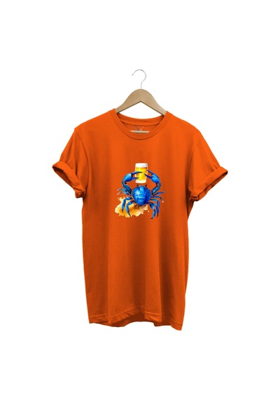 Yaz Baskılı Mavi Yengeç %100 Pamuk Regular Fit Bisiklet Yaka Turuncu T-shirt Turuncu