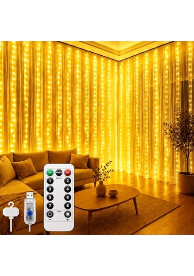8 Mod Perde Ledi 300 Led 3x3m 10 Sarkıt Led Yılbaşı Oda Dekoru Kumandalı Peri Perde Led Diğer