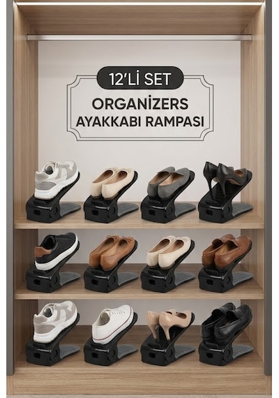 Home 12'li Ayarlanabilir Ayakkabı Rampası Yükseklik Ayarlı Ayakkabı Düzenleyici Dolap İçi Organizer Siyah