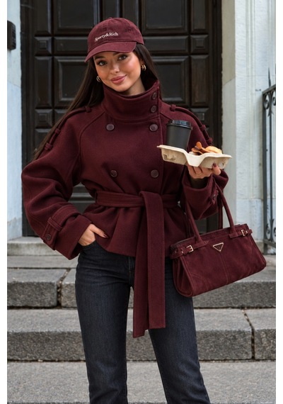 Seeh Kadın Bordo Dik Yaka Kemerli Kısa Kaşe Kaban Sh398 Standart